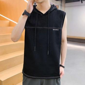 Débardeur homme en coton, décontracté, à capuche, sans manches, brodé, couleur unie