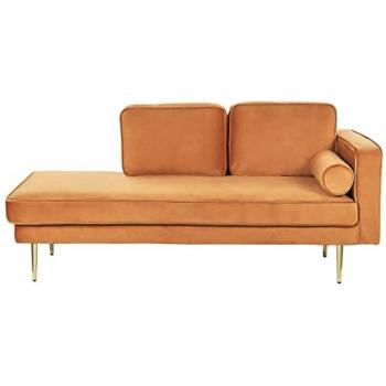 Chaise Lounge Moderno de Terciopelo Naranja con Patas de Metal y Almohada, Orientación Derecha