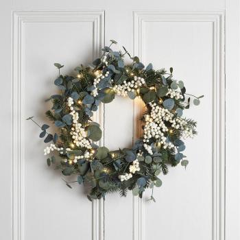 Pre-Lit Eucalyptus and Berry Wreath 40cm