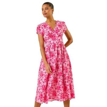 Women's Pink Roman Floral Tea Dress (Midi) – Size 14
