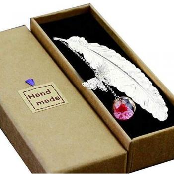 Toirxarn Silver Feather Bookmark with Pink Safflower Pendant