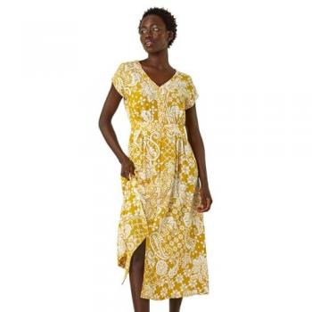 Women's Amber Leaf Print Button Midi Dress – Roman Style, Size 10