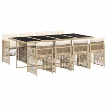 Mesa al aire libre 9 pzas, sillas y cojines en tono beige rattan sintético