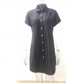 Blusa de manga corta con solapa para mujer, top vaquero de color sólido, cárdigan de algodón con botón y bolsillo delgado, suave y cómodo