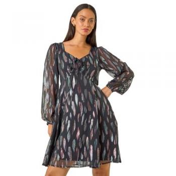 Women’s Dusk Foil Print Tie‑Front Fit & Flare Dress (Black) – Size 14
