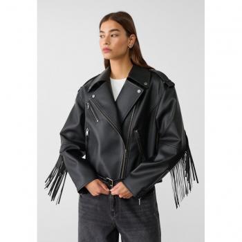 Fransen-Bikerjacke aus Kunstleder in Schwarz M von Stradivarius
