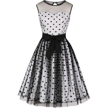 Jahrgang 2024 Tonval Polka‑Punkt Gitterweave, überlagertes Schatz‑Weiß-Kleid – Baumwollmaterial, elegante