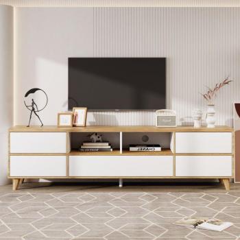 Meuble Salon TV Okwish Blanc et Bois 175×37×51 cm