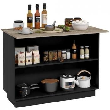 HOMCOM Desserte îlot de Cuisine, Meuble de Cuisine de Service, 105 x 60 cm, étagère réglable, 2 Compartiments Ouverts, 2 placards, Plan de Travail Effet Bois, Noir