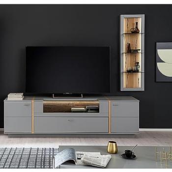 LOMADOX SAVANNAH‑05 Wohnwand‑Konzept – grau lackiert, TV‑Board + Wandboard, Maße 236 × 134 × 50 cm