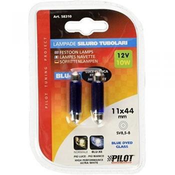 Pilot 58310: Lampada per Illuminazione Intensa e Leggera, SV8.5-8 Tinta Vetro Festone, D/Blister, 11mm x 44mm, 12V, 10W, Colore Blu, Confezione da 2