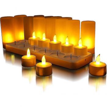 Juego de 24 Velas LED Parpadeantes Recargables (Amarillo) con Estación de Carga