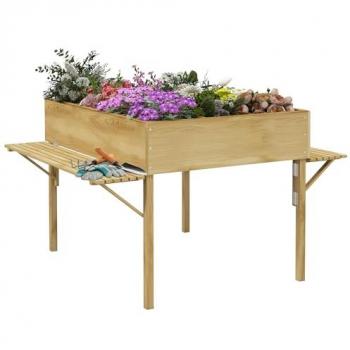 Outsunny Klappbares Hochbeet aus Holz mit 12 Trenngittern und Vliesstoff für Garten und Balkon, 122 x 91,5 x 89 cm, natur