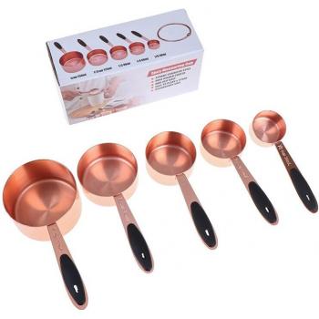 Baking & Bartending 5‑Pack Stainless Steel Cups & Spoons, Rose Gold Finish