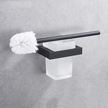 Square Glass Cup Holder with Chrome/Black Stainless Steel Toilet Brush Rack