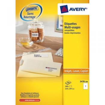 Avery Professional Grade Laser/Inkjet Labels, Letter Size (210x297mm), White, 3478-100