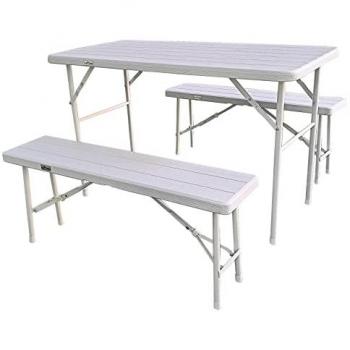 Bierzelttablet-Set HATTORO: Klappbarer Buffet‑Tisch mit 2 Bänken in Holzoptik, 120 cm