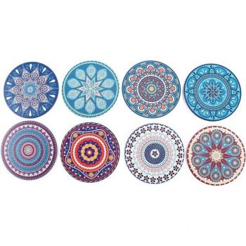 Set of 8 Mandala Ceramic Coasters, Absorbent Stone for Wooden Tables