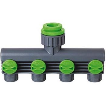 Adaptateur de robinet 4 voies avec vanne d'arrêt et tuyau de 3/4 en gris et vert