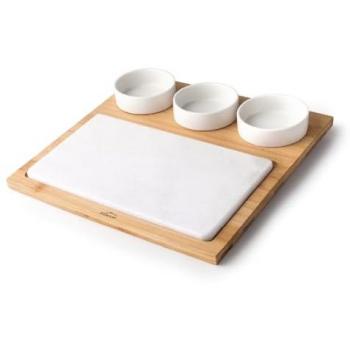 Bandeja de servir de mármol y bambú con 3 cuencos 28,2 x 28,2 cm