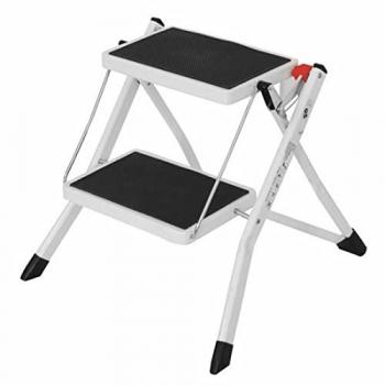 Escalera Plegable de 2 Peldaños en Aluminio, Superficie Antideslizante, Capacidad 150 Kg, Tamaño 48,5 x 44,5 x 49,5 cm