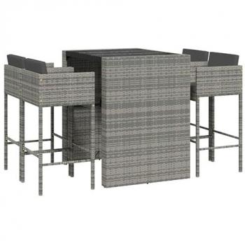 5-Piece Grey Poly Rattan Garden Bar Set with Cushions