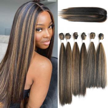 Extensions SOKU Yaki synthétiques lisses avec fermeture dentelle, 6 mèches brunes 14-18 pouces