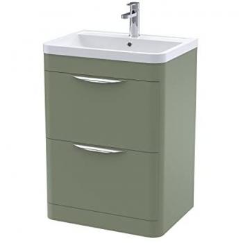 Satin Green 600mm Floor Standing Vanity Unit with Ceramic Basin and 2 Drawers