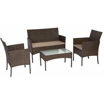 Set da Giardino 4 Posti in Resina Intrecciata Marrone con Cuscini Tortora