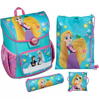 RAVT8371 Schulrucksack Scooli: Leichtes Set mit Schuh-, Brustbeutel & Schlamperetui – Disney Rapunzel, 4‑teilig
