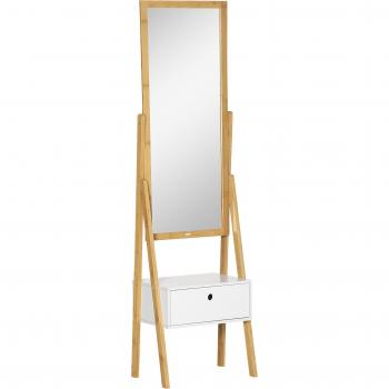 Espejo de Bambú con Soporte y Cajón para Vestidor 45x30x160 cm