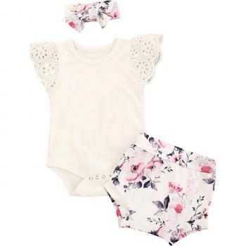 Infant Girl's 3-Piece Set: Solid Color Jumpsuit with Fly Sleeves, Floral Shorts, and Headband