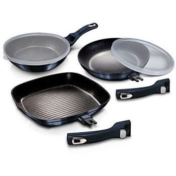 Berlinger Haus Aquamarine Juego 2 Sartenes y Grill Inducción 20-24-28 cm Aluminio Forjado, Antiadherente Ecológico sin PFOA, Tapas Herméticas, Mangos Desmontables