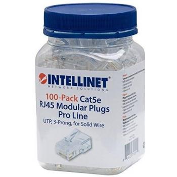 Intellinet Cat5e RJ45 Modular Plugs, UTP, 3-prong, for solid wire, 50 µ gold-plated contacts, 100 pack