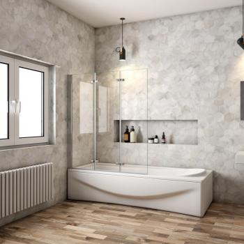 Mampara abatible Aica de bañera 3 hojas, cristal antical 6 mm, plegable 3 veces – 1280–1300 mm x 1400 mm