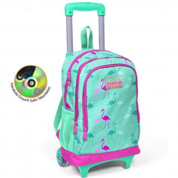 Coral High Drie Compartimenten Rugzak voor Kinderen in Flamingo Motief met Watergroen en Neonroze
