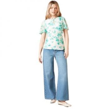 Dorothy Perkins Women’s Green Floral Keyhole Ruched Front Angel Sleeve Mesh Top