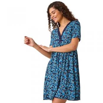 Women's Floral Contrast Band Dress (Navy, Size 18)