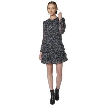 Koroshi Vestido negro con falda de volantes y diseño floral