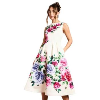 Satin Placement Print Midi Dress for Women – Ivory, Size 16