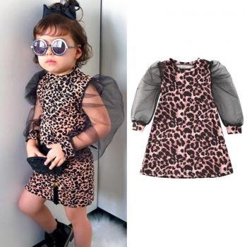 Baby Girls Leopard Print Dress with Puff Sleeves and Knee Length (1-6Y)
