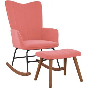 Silla mecedora con reposapiés en terciopelo rosa