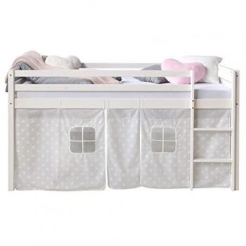 Lit mezzanine enfant 90x200 en bois massif avec rideau étoiles blanches