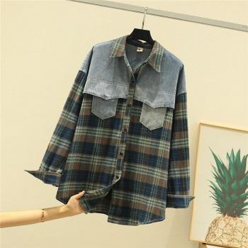 Chemisier à carreaux pour femmes, manches longues, col rabattu, poches décontractées, épissure en denim