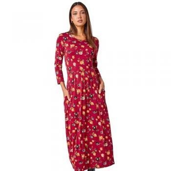 Roman Floral Midi Dress with Pocket – Rust Finish, UK 16