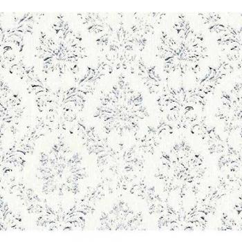 Papel pintado beige con diseño azul y gris