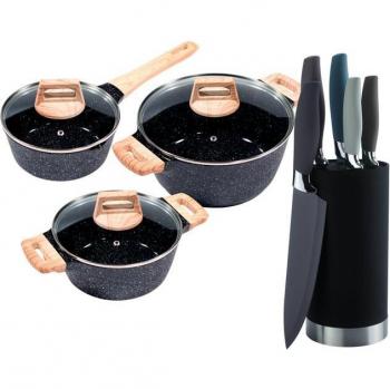 Topf‑Set KING „ESSENTIAL“ – Schwarz 7,5 l, Induktion, Antihaftbeschichtung, mit 5 Messern und Messerblock