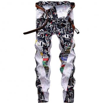 Men's Beggar Outfit Slim Fit Jeans with Color Patchwork