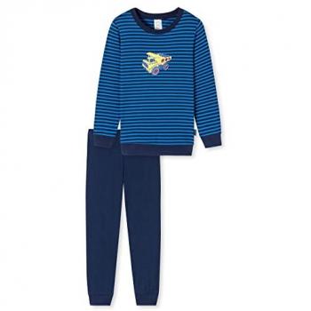 Schiesser langer Schlafanzug Bio-Baumwolle Ringel Baufahrzeug blau für Jungen Größe 92