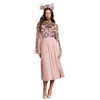 Coast Women's Lisa Tan Long Sleeve Midi Dress with Bow Detail – Antique Rose, 12 US